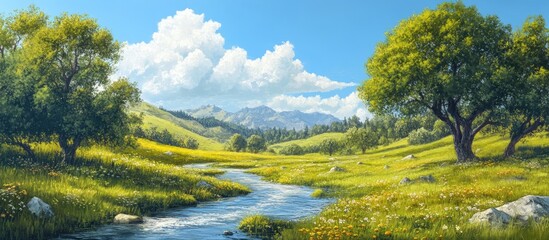 Aufkleber - Serene landscape with lush green meadows and a winding stream, vibrant blue sky with fluffy white clouds, mountains in the background, sunny day.