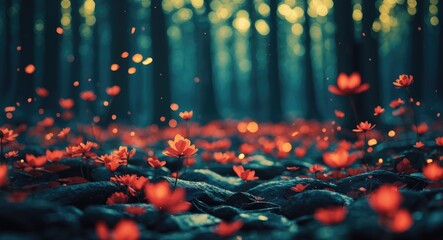 Wall Mural - vibrant forest floor adorned with bright flowers and soft bokeh creating an enchanting nature backgr