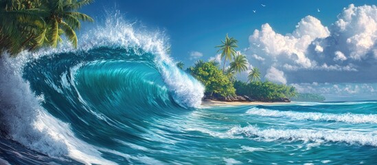 Aufkleber - Vibrant ocean wave crashing against a tropical shore with lush green palm trees under a bright blue sky and soft white clouds.