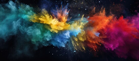 Leinwandbilder - Vibrant color explosion with yellow, blue, and red hues against a dark background showcasing motion and creativity in dynamic cloud forms