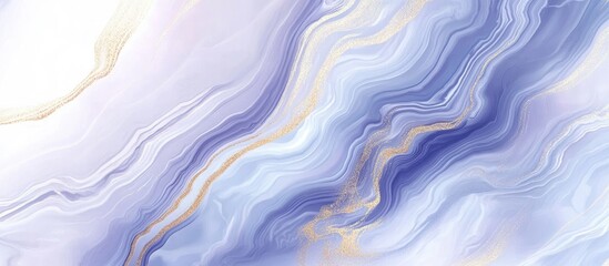 Fototapete - Artistic fluid acrylic marbling background in lavender blue with gold accents creating a striking pattern with smooth wavy lines and blended colors.