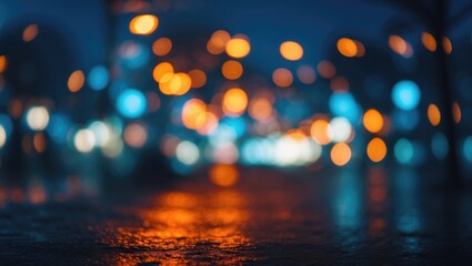 Wall Mural - Blurred night urban lights with bokeh effect reflecting on wet pavement in colorful tones of blue and orange