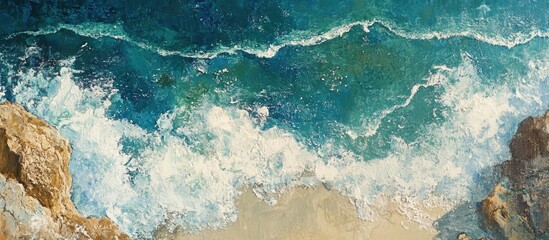 Aufkleber - Coastal scene with foamy white waves crashing against golden sandy shores and turquoise blue water under a bright sky. Powerful oceanic textures.