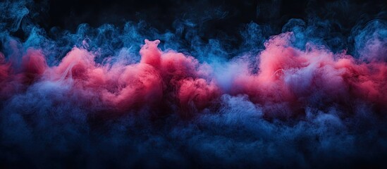 Aufkleber - Colorful artificial smoke swirling in red and blue tones against a dark black background, creating a dramatic and vibrant atmosphere.