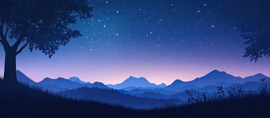 Poster - Serene night landscape featuring a starry sky in deep blue and purple hues with dark mountain silhouettes and a lone tree in the foreground.