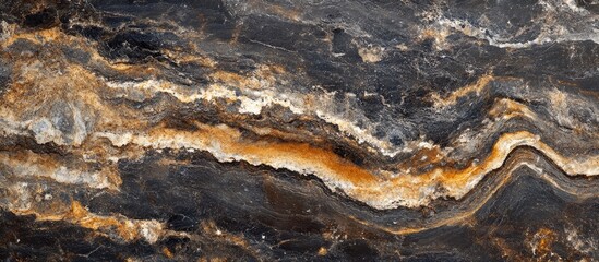 Leinwandbilder - Abstract geological texture featuring layered black, gold, and white tones with wavy patterns across a horizontal surface for natural stone backgrounds.