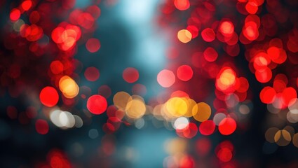 Wall Mural - Colorful bokeh background with red and orange circular lights creating a festive and vibrant atmosphere in a blurred city setting