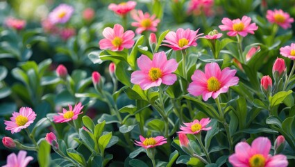 Wall Mural - pink flowers blooming in a lush garden background with vibrant green leaves and soft sunlight illuminating the petals