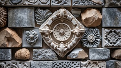 Wall Mural - decorative stone wall featuring various sculptural motifs and textures in light and dark tones