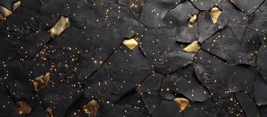 Aufkleber - Textured black surface with gold leaf accents, featuring irregular cracks and a sparkling finish throughout the image. Ideal for luxury design concepts.