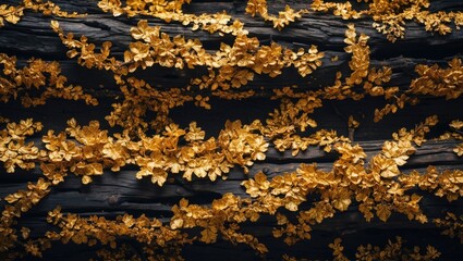 Wall Mural - golden textured leaves covering dark wooden surface in artistic natural pattern