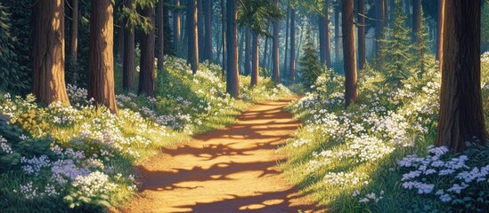 Poster - Serene forest path winding through lush greenery and wildflowers under soft sunlight with tall trees lining the sides creating a tranquil atmosphere