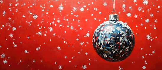 Aufkleber - Colorful Christmas ornament in blue with white snowflakes against a bright red background featuring falling snowflakes creating a festive atmosphere