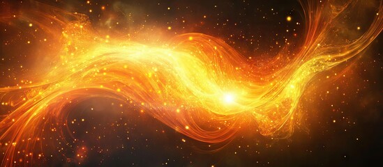 Fototapete - Abstract fiery swirl in vibrant orange and yellow hues, set against a dark cosmic background with scattered stars and a glowing central light.