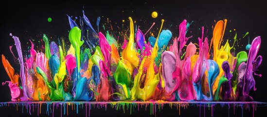 Poster - Vibrant neon paint splashes in pink, blue, green, and yellow create an energetic burst against a black background showcasing striking visuals.
