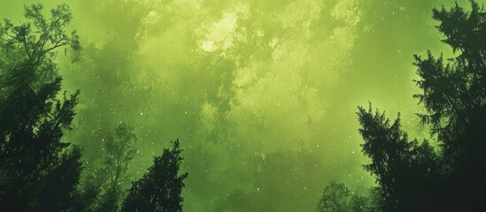 Poster - Vibrant green night sky framed by dark silhouettes of towering forest trees, creating a mesmerizing contrast between earth and sky.