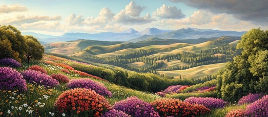 Aufkleber - Vibrant spring landscape showcasing rolling hills adorned with colorful flowers in shades of purple, red, and green under a bright blue sky.