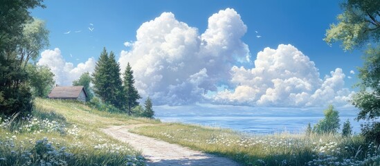 Aufkleber - Tranquil landscape featuring a bright blue sky with fluffy white clouds above a serene pathway lined with green grass and wildflowers near water.