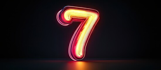 Poster - Neon numeral seven in vibrant yellow and orange glows against a solid black background, creating a striking visual contrast in a dark environment