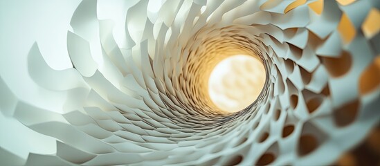 Poster - Abstract spiral design with white layered paper fins creating depth, set against a soft light background, conveying texture and fluidity.