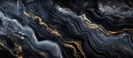 Fototapete - Abstract black marble texture with flowing lines in shades of gray, white, and gold. Dynamic swirls create a sophisticated and elegant visual.