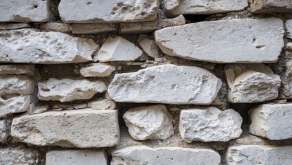 Wall Mural - textured stone wall background composed of irregularly shaped white limestone blocks arranged in a p