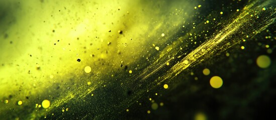 Poster - Yellow neon light effect with dust particles in vibrant dynamic atmosphere, abstract texture with dark shades blending into illuminated yellow background.