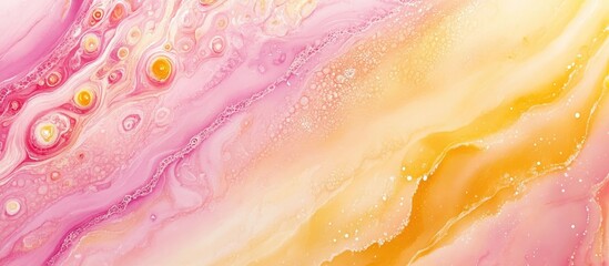 Fototapete - Abstract fluid art background featuring swirling pink, yellow, and orange hues with a smooth gradient transition throughout the image.