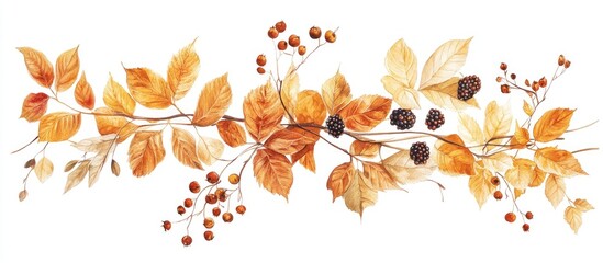 Aufkleber - Autumn leaves in warm orange and brown tones with dark berries on a white background arranged in a horizontal composition for seasonal decor