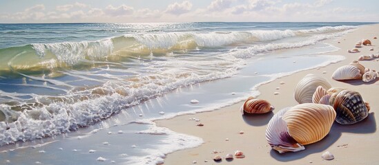Aufkleber - Serene sandy beach shoreline with gentle waves lapping at colorful seashells scattered across the soft sand under a bright sky