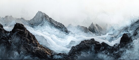 Poster - Panoramic landscape showcasing dark rocky mountains with swirling mist and soft white clouds creating a dramatic and ethereal atmosphere.