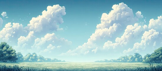 Poster - Serene landscape featuring soft white cumulus clouds on a blue sky background with a lush green foreground under soft sunlight indicating tranquility