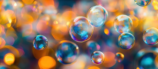 Leinwandbilder - Colorful bubbles floating underwater with a soft focus background featuring blues and warm hues creating an abstract and dreamy atmosphere.