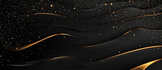 Fototapete - Elegant black and gold abstract waves creating a luxurious texture, featuring shimmering particles scattered throughout against a dark background.