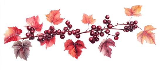 Aufkleber - Vibrant autumn grapevine branch with red wild grapes and colorful fall leaves on a white background creating a seasonal focal point.
