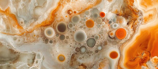 Aufkleber - Abstract natural stone texture featuring circular patterns in shades of orange, gray, and cream, creatively arranged with varying sizes and translucency.