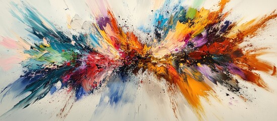 Aufkleber - Dynamic abstract artwork featuring vibrant splashes of blue, red, and orange on a light background, conveying energy and movement across the canvas.