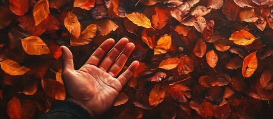 Aufkleber - Hand reaching out towards a vibrant backdrop of orange and red autumn leaves creating a warm natural theme representing the beauty of fall