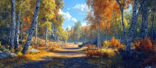 Poster - Vibrant autumn forest landscape featuring a panoramic view of golden and orange trees under a blue sky with fluffy white clouds and a winding path.