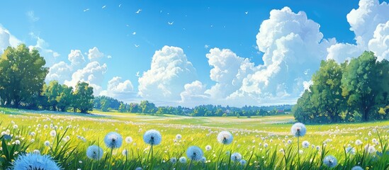 Poster - Vibrant pastoral landscape with lush green fields and fluffy white dandelions in the foreground under a bright blue sky with fluffy clouds.