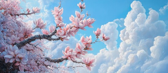 Poster - Blossoming almond tree branches adorned with pink flowers against a vibrant blue sky and fluffy white clouds in a serene spring landscape