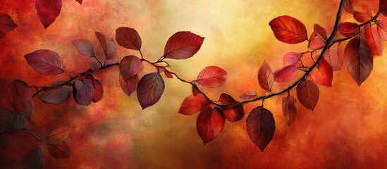 Aufkleber - Autumn leaves on a swirling orange and yellow background with a focus on deep red and warm tones, arranged diagonally across the image.
