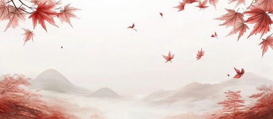Poster - Serene autumn landscape featuring red maple leaves at the top and soft mountains in the background with a misty atmosphere below.