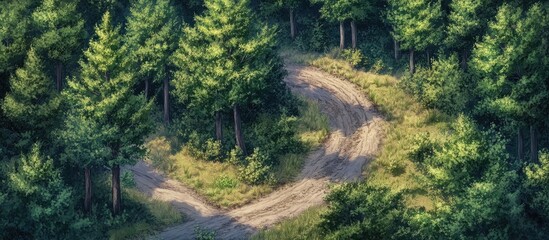 Aufkleber - Aerial view of a forest with dense evergreen trees and winding dirt pathways creating a tranquil and inviting nature scene in lush green tones.