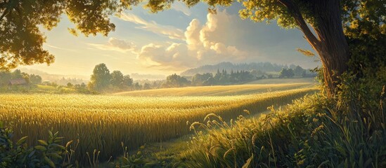 Aufkleber - Serene landscape with lush green fields and golden wheat swaying in warm evening light under a soft sunset sky framed by trees on the side