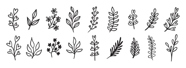 Cute leaf modern doodle hand drawn icon set. Outline drawing cute leaf modern line clipart symbol collection