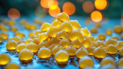 Wall Mural - yellow candle lights arranged in a pyramid on a reflective surface with blurred colorful bokeh backg