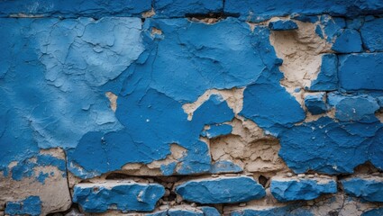 Poster - Cracked blue wall texture with peeling paint and exposed stone surface in urban environment