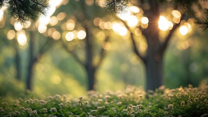 Wall Mural - Sunlight filtering through trees in a lush green park with blooming flowers in the foreground and a soft bokeh effect in the background.