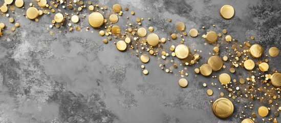 Aufkleber - Horizontal banner with scattered golden confetti circles on a textured gray background creating an elegant and eye-catching design for celebrations